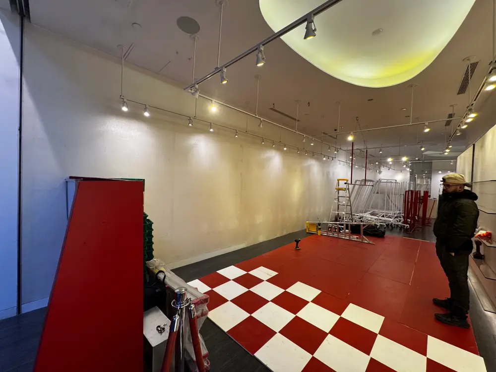 Checkered floor graphic during installation